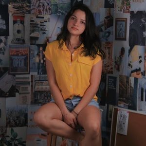 Bright yellow collared short sleeve button shirt